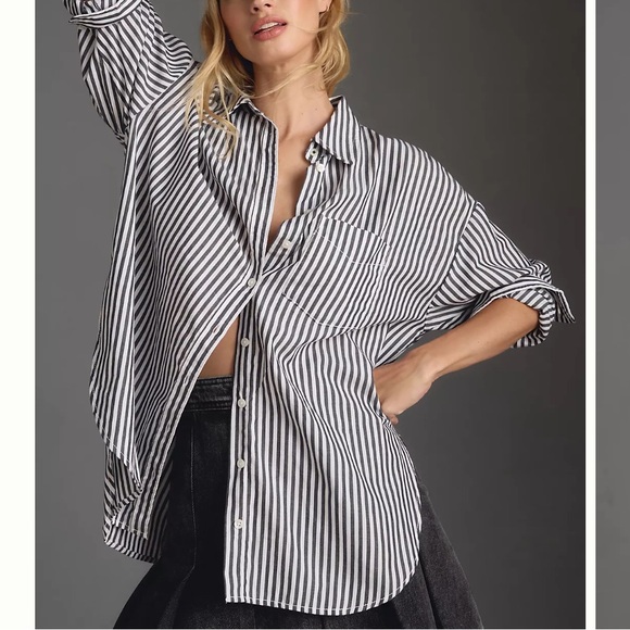 Anthropologie Maeve Striped Black and White Button-Up Oversized Shirt - Picture 3 of 3